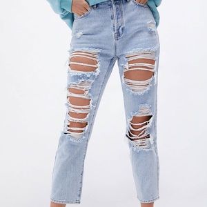 Ripped high rise straight jeans